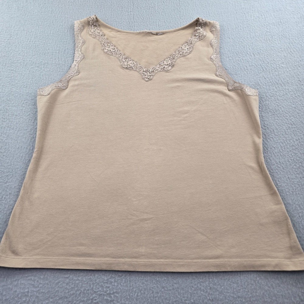 Womens Sequin Tank Top Beige Knit Delicate Lace Trim V-Neck Wide Strap Pullover